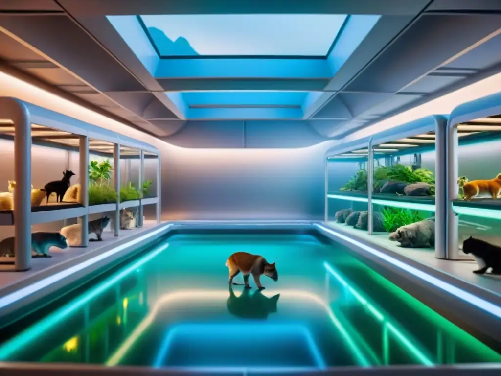 Instalación futurista de cría de animales automatizada y detallada Un centro de cría de mascotas exóticas automatizado y futurista con tecnología avanzada, en hábitats individuales y controlados por clima