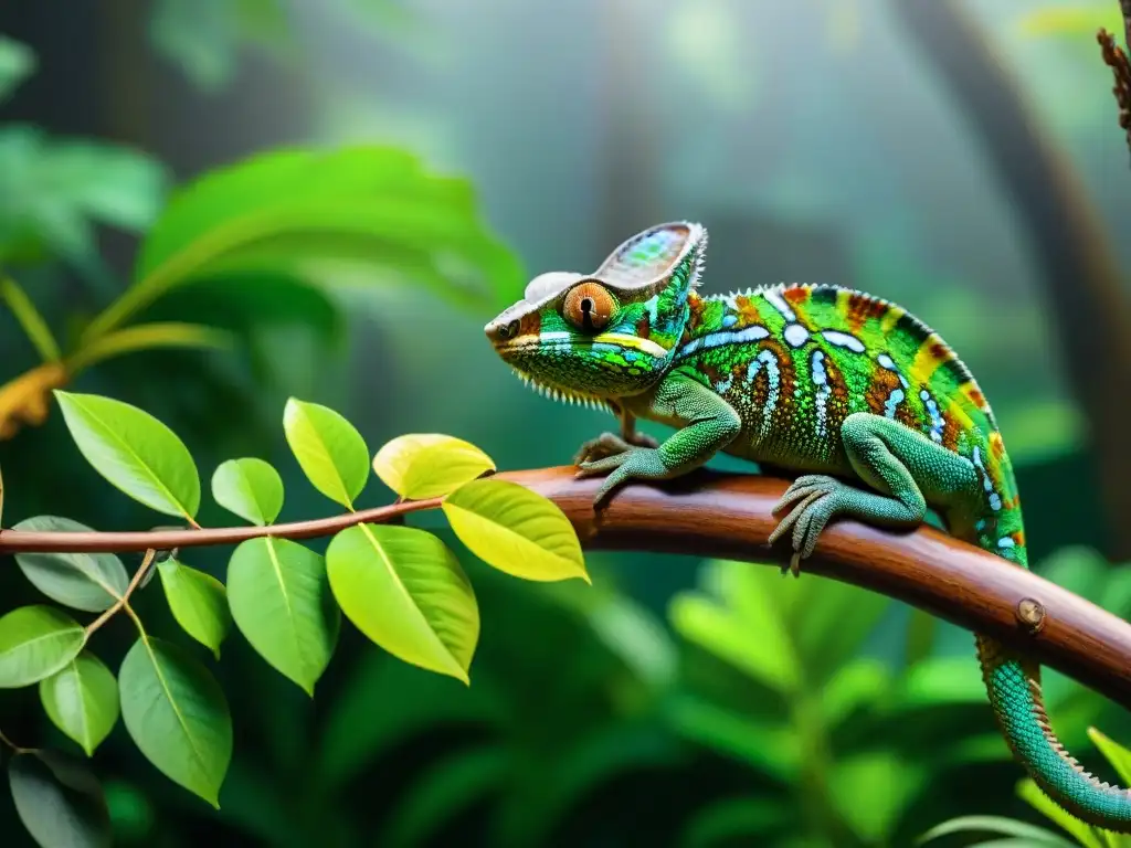 Escena tropical: camaleones multicolores en la selva exuberante Chameleons en la selva tropical, adaptaciones para hidratación en su hábitat natural