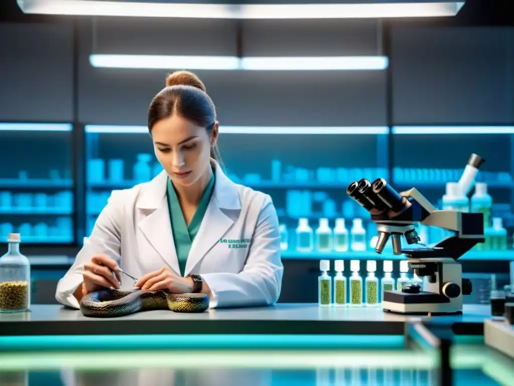 Análisis de veneno de serpiente en laboratorio Investigación científica: Un científico estudia el veneno de una serpiente en un laboratorio