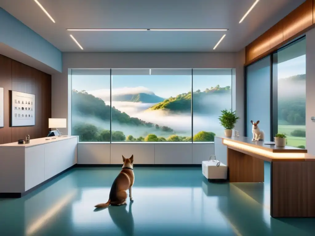 Clínica veterinaria futurista y acogedora con expertos cuidando mascotas Una clínica veterinaria moderna y detallada con nutrición ortomolecular para mascotas, veterinarios y dueños felices