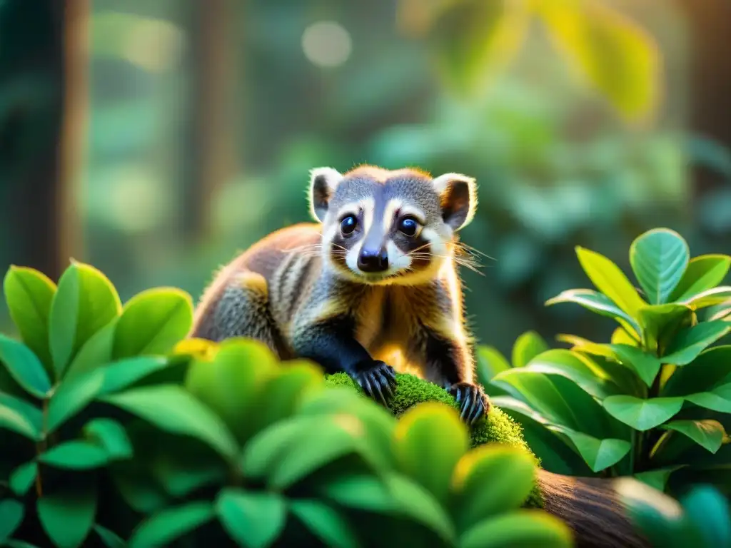 Exploración cautivadora: Coatí en su hábitat natural Un coatí curioso se adentra en la exuberante selva