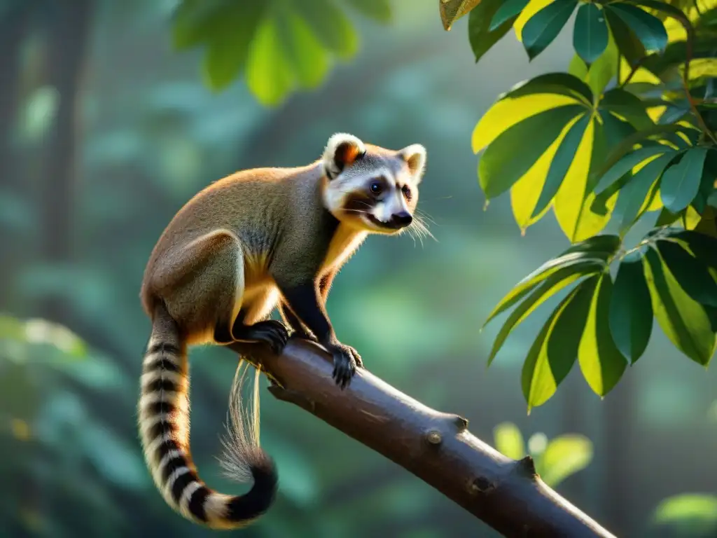 Coatí en la selva: Detalles fascinantes del amazónico habitante Un coatí curioso en la selva, su cola anillada cuelga elegantemente mientras explora el aire