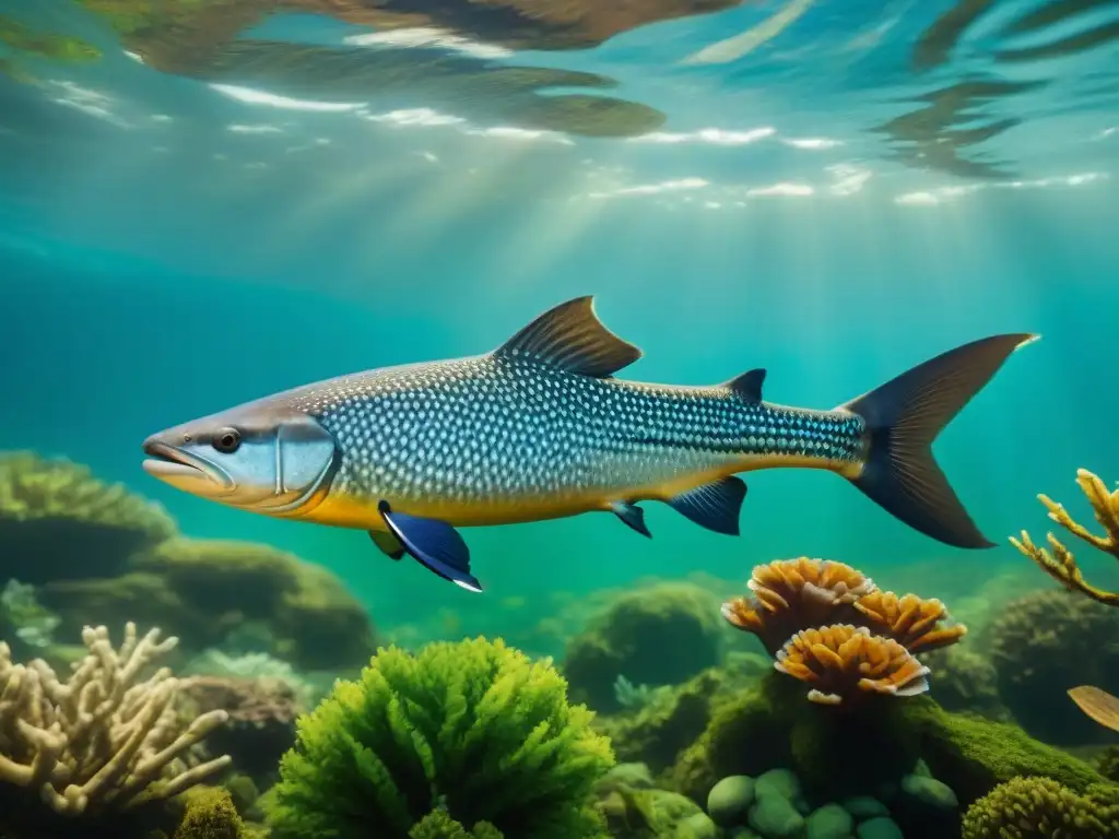 Majestuoso coelacanto prehistórico nadando en entorno acuático Un coelacanto prehistórico nada elegantemente en un entorno acuático exuberante, rodeado de árboles sumergidos antiguos y especies de peces coloridos