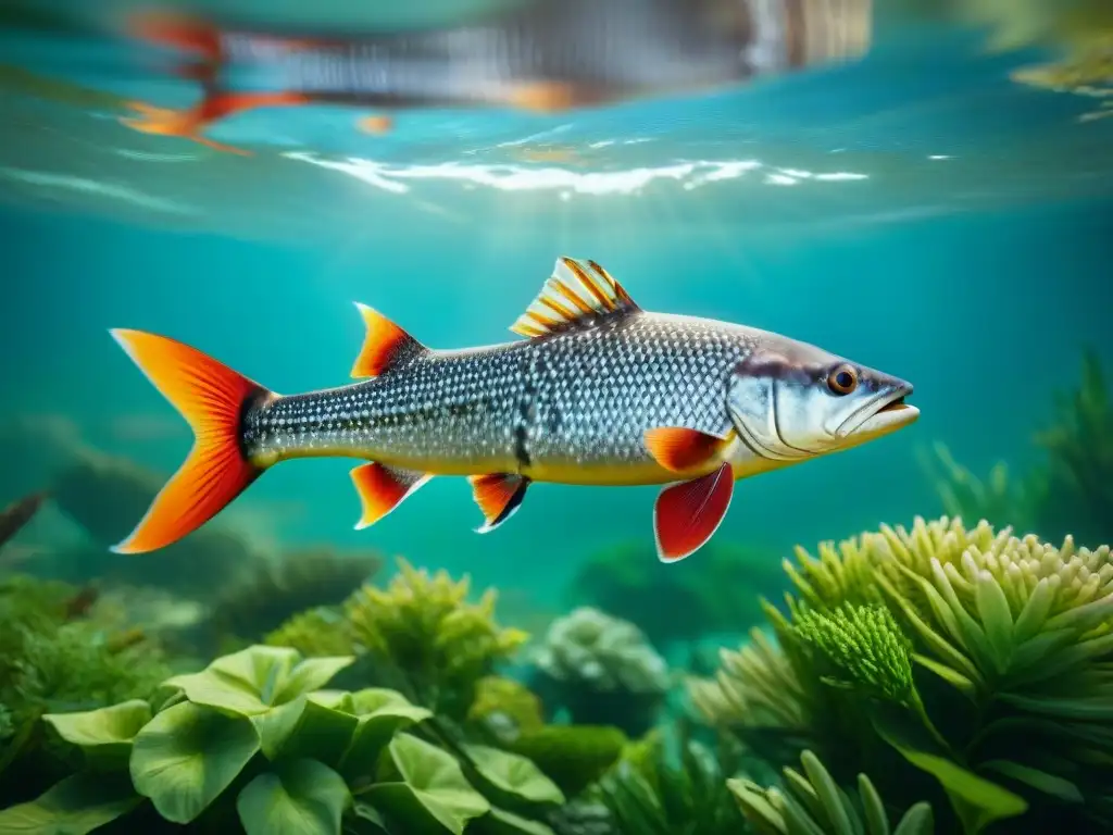 Coelacanto prehistórico nadando en ambiente acuático antiguo Un coelacanto prehistórico nada elegantemente en un exuberante ambiente de agua dulce antiguo, destacando sus detalles
