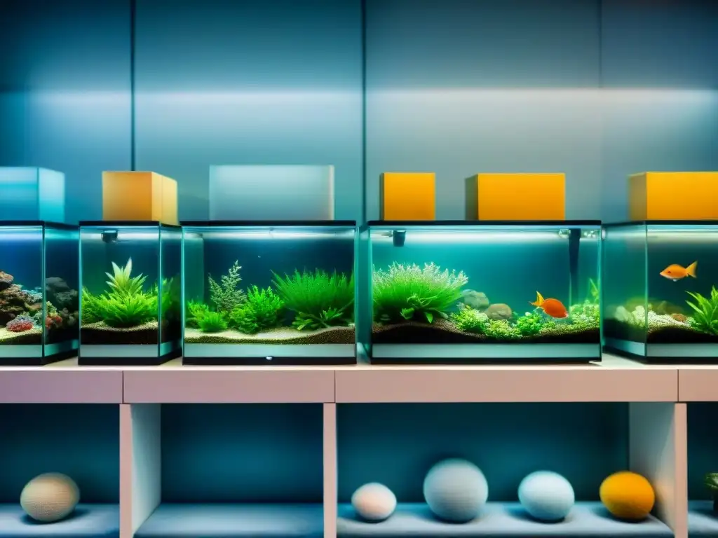 Filtros de acuario: diversidad y precisión Una colección variada de filtros de acuarios en un estante moderno