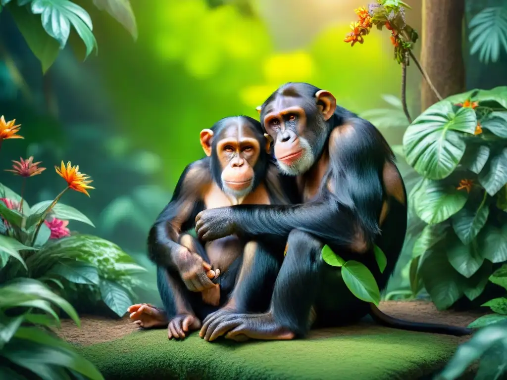 Conexión profunda: chimpancé y cuidador en la jungla Conexión profunda entre un chimpancé y su cuidador en la exuberante jungla, reflejando la personalidad primatas mascotas exóticas