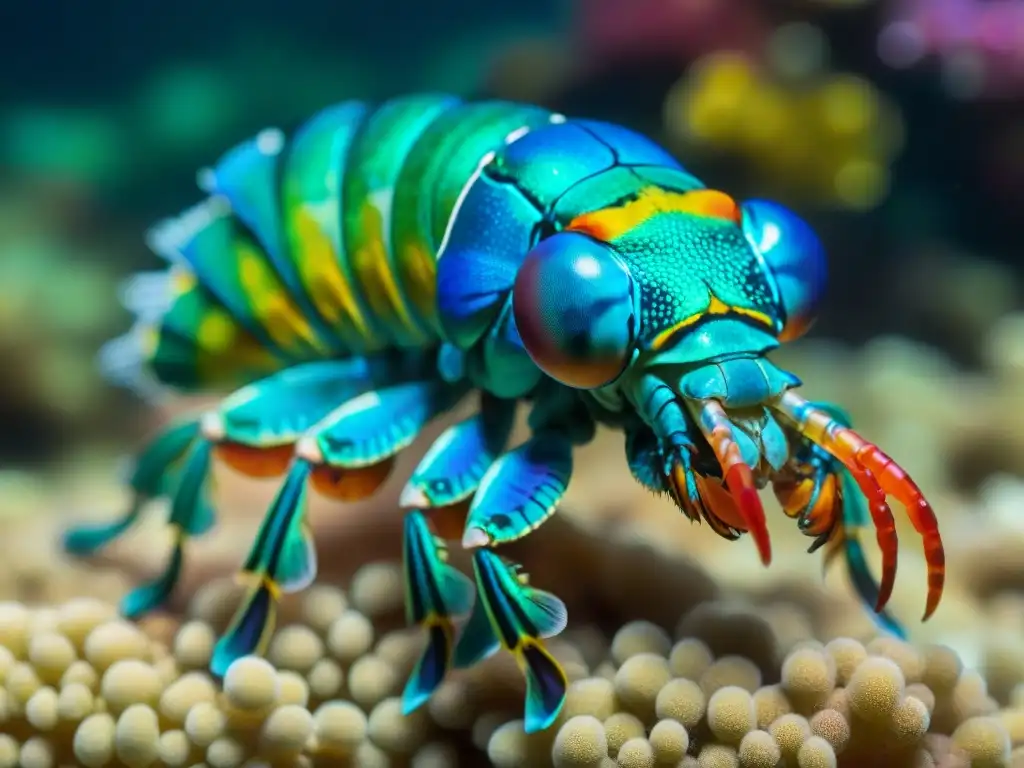 Increíble camarón mantis: detallado y colorido en arrecife Consejos para cuidar camarones mantis: Detalle de un camarón mantis con colores vibrantes y patrones intrincados, en un arrecife de coral colorido