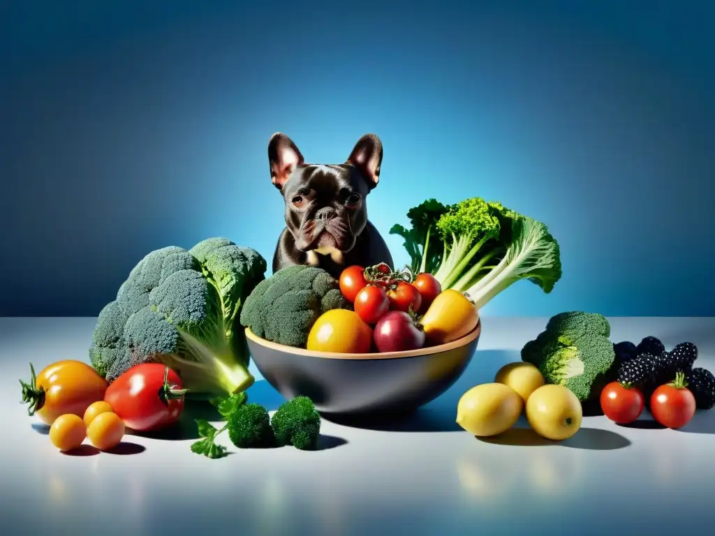 Bowl de frutas y verduras vs Un contraste impactante entre alimentos naturales y procesados, resaltando la importancia de la nutrición ortomolecular para mascotas