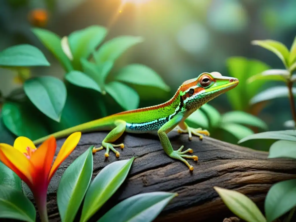 Convivencia segura entre anolis y niños en un jardín vibrante lleno de flores y árboles, donde juegan y se divierten juntos bajo el sol brillante