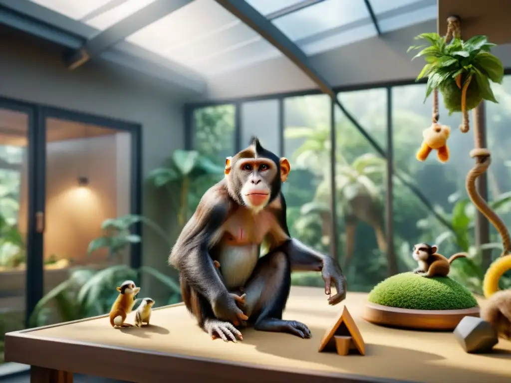 Hábitat primate moderno y enriquecedor Costos de tener un primate: Recinto moderno con primates felices, enriquecimiento y cuidador atento