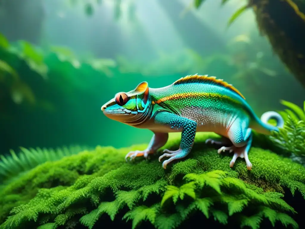 Una criatura híbrida exótica con escamas iridiscentes y ojos hipnóticos en una selva exuberante