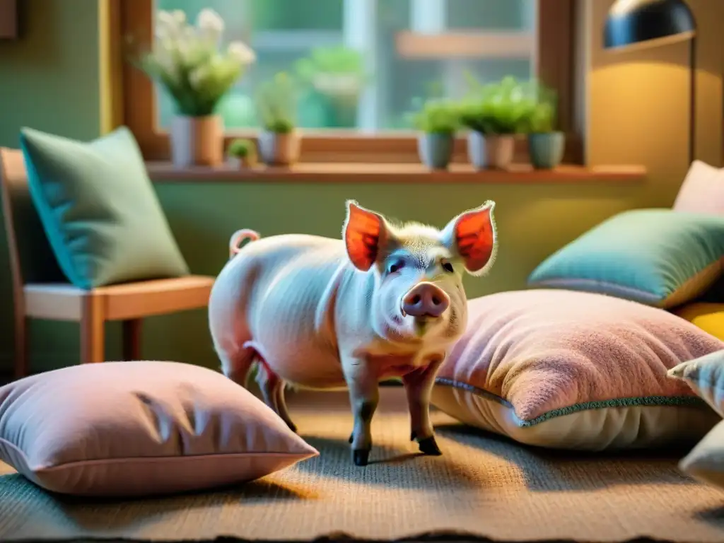 Cuidado de mini pigs exóticos: Un cerdito en un rincón acogedor, rodeado de cojines y plantas, bajo la cálida luz del sol