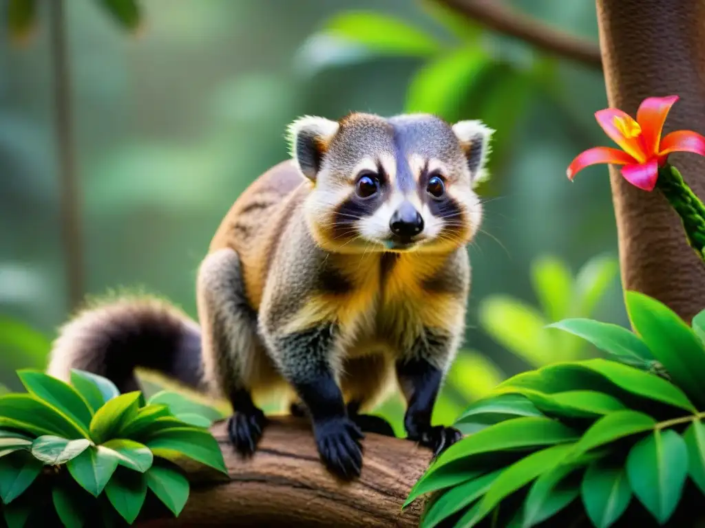 Exploración juguetona: detallado coatí en selva tropical Curioso coatí explorando exuberante bosque tropical