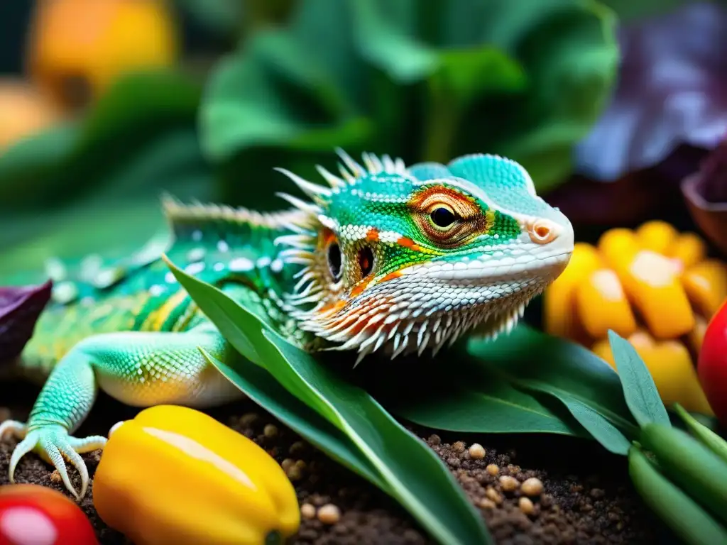 Delicioso festín para dragón barbudo: vegetales y insectos premium Una deliciosa dieta para dragón barbudo con alimentos premium frescos y coloridos