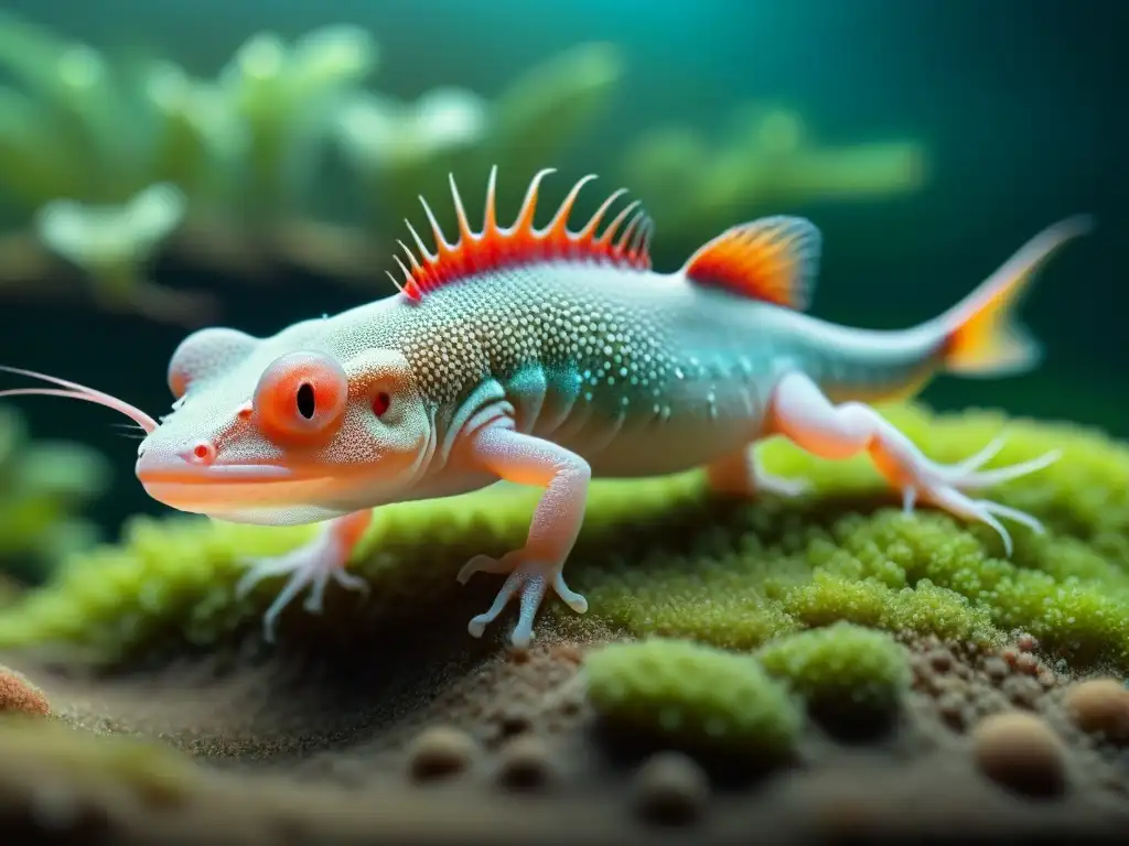 Transformación fascinante del ciclo de vida del axolote Ilustración detallada del ciclo de vida del axolote, desde huevo hasta adulto, resaltando cada fase con precisión científica y cautivadora