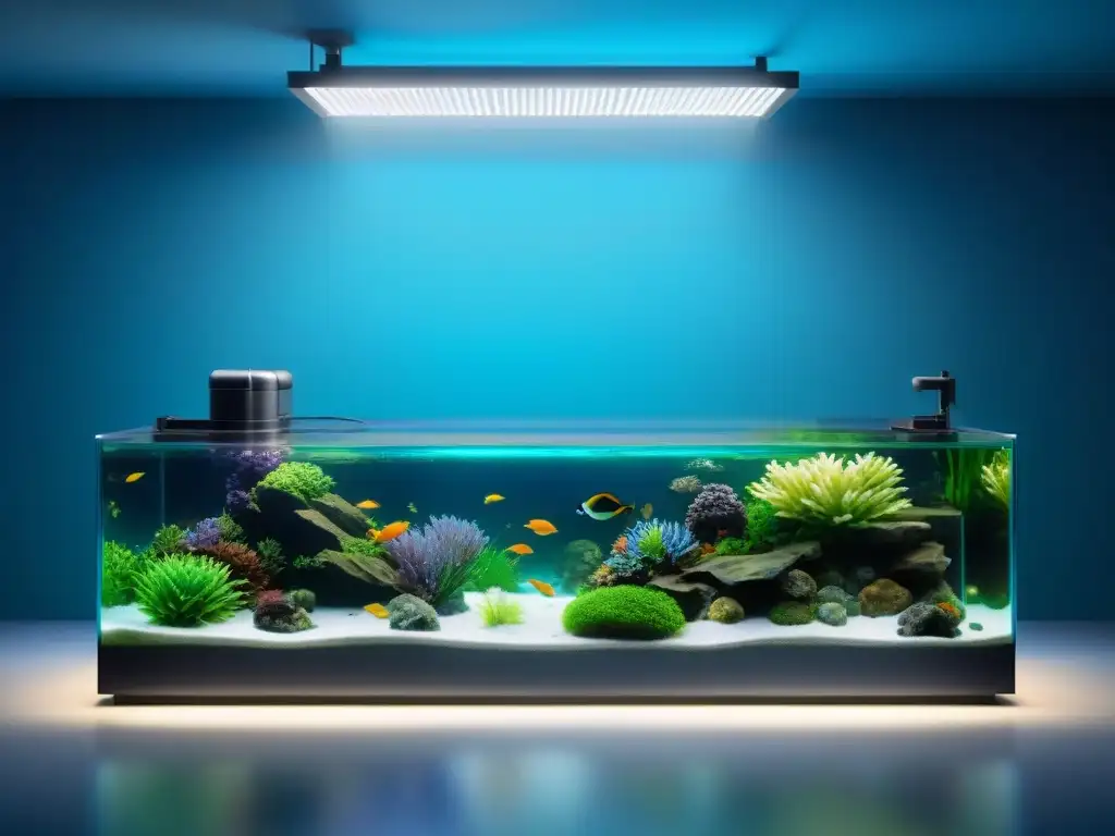 Detalle impresionante de sistema de filtración para acuario Una detallada imagen muestra un avanzado sistema de filtración para peces exóticos, con LED azules iluminando cámaras y componentes