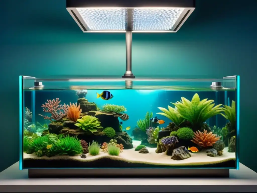 Detalles de sistema de filtración de acuario: mecánico, biológico y químico Detallada imagen de filtración de acuarios con múltiples capas de medios y agua fluyendo