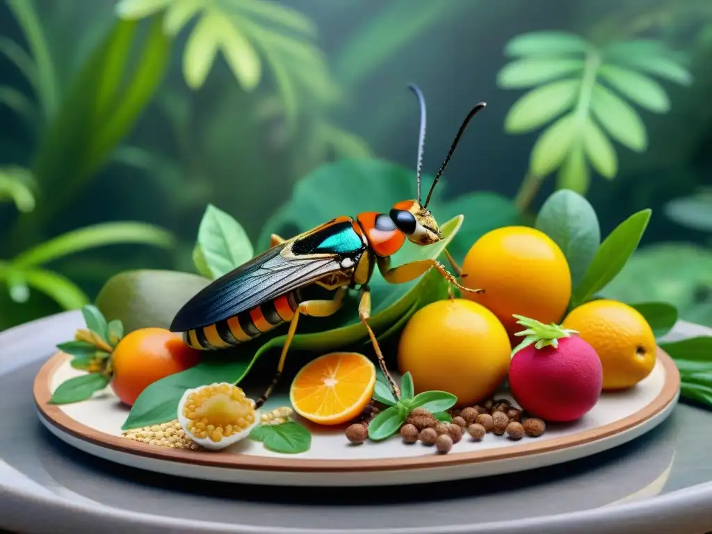 Exóticos insectos devorando una colorida fiesta tropical Detallada alimentación de insectos exóticos en entorno tropical vibrante