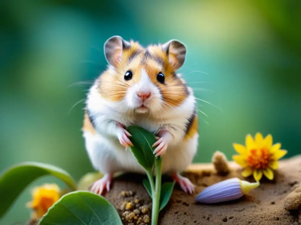 Ilustración detallada de roedores con remedios homeopáticos Una detallada ilustración fotorealista de roedores rodeados de remedios homeopáticos en un escenario natural, transmitiendo una sensación de bienestar