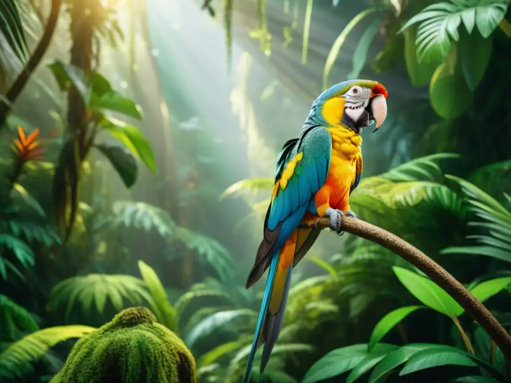 Un detallado y realista bosque tropical exuberante con animales exóticos, como loros y felinos majestuosos