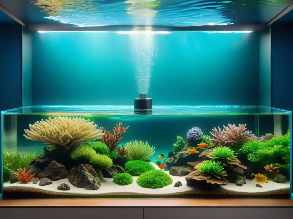 Acuario de alta tecnología: sistema de filtración detallado Detallado sistema de filtración de acuario mostrando etapas mecánicas y biológicas