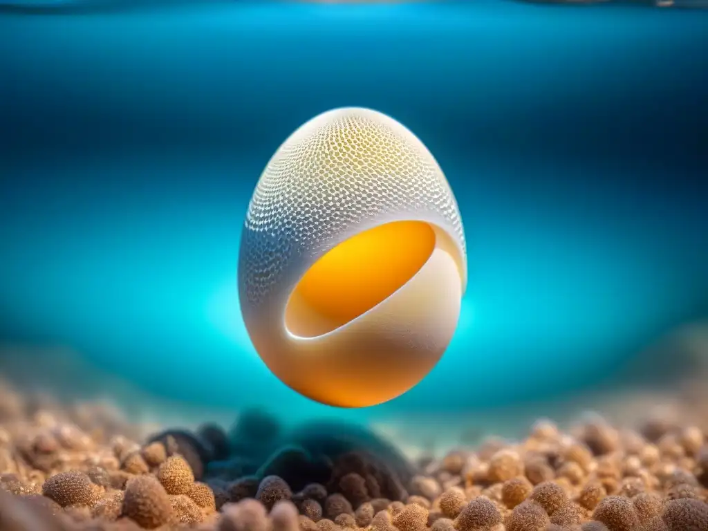 Embrión en el huevo de Tritón: detalle y movimiento en agua clara Detalle asombroso del huevo de Tritón en agua clara, mostrando patrones y texturas, anticipando el Desarrollo del Tritón desde huevo