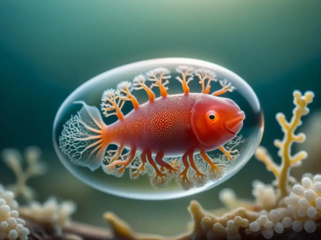 Maravilla de la vida: huevo de axolote transparente en agua Detalle asombroso de un huevo de axolote translúcido en agua, mostrando el embrión y vasos sanguíneos