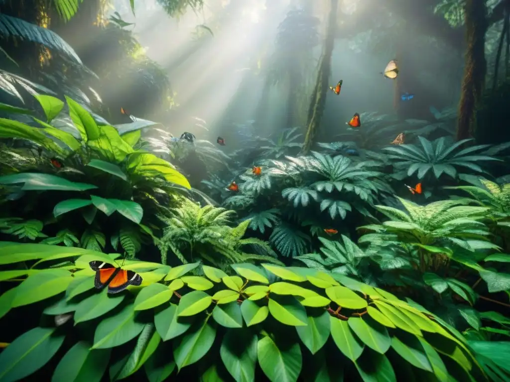Exótica vida en la selva tropical: mariposas, escarabajos y mantis Detalle de la alimentación de insectos exóticos en la selva tropical vibrante