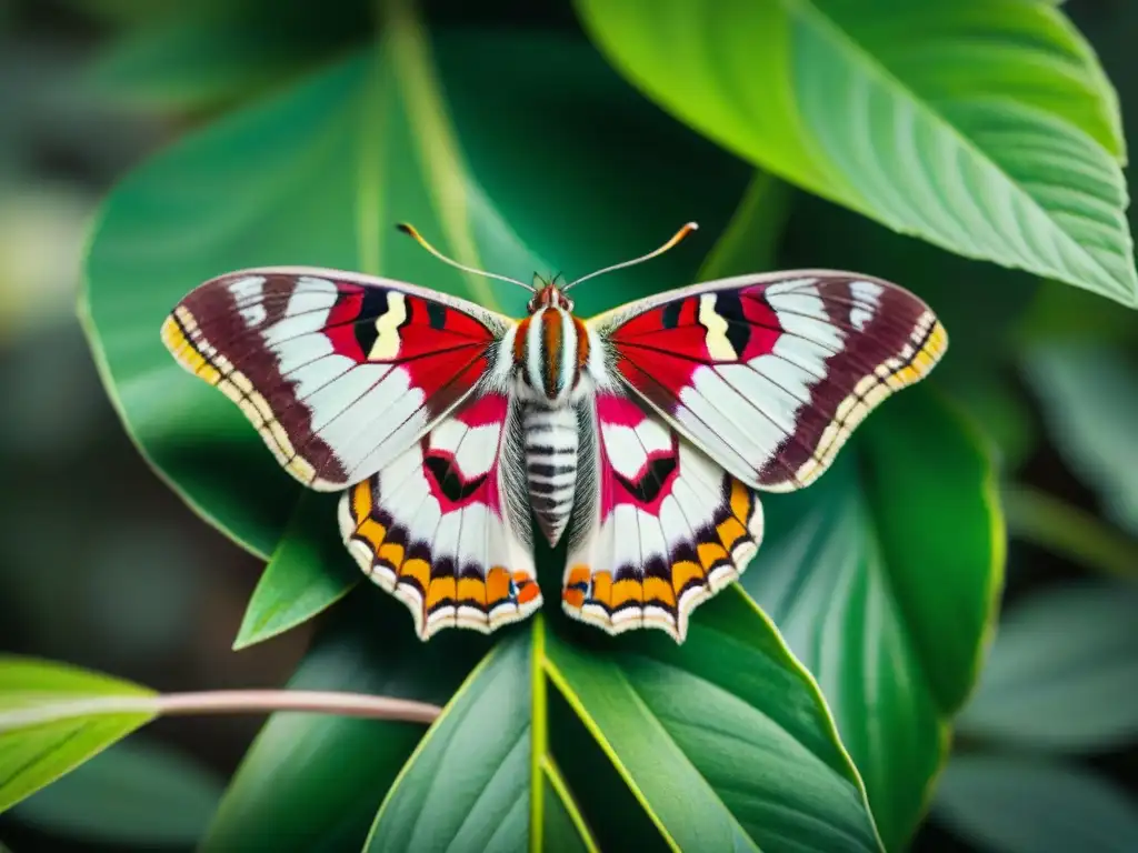 Majestuosa mariposa exótica en hoja tropical Detalle de una polilla exótica en una hoja tropical, mostrando patrones e iridiscencias
