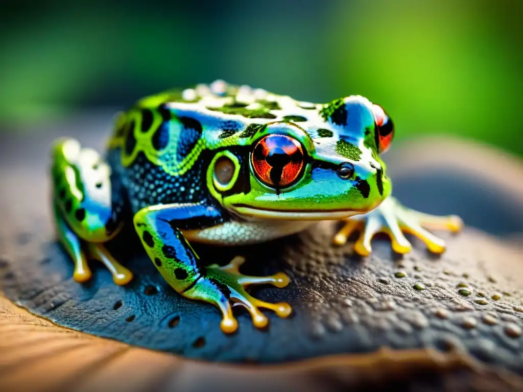 Rana venenosa: detalle hipnótico en verde y negro Detalle de rana venenosa con piel vibrante