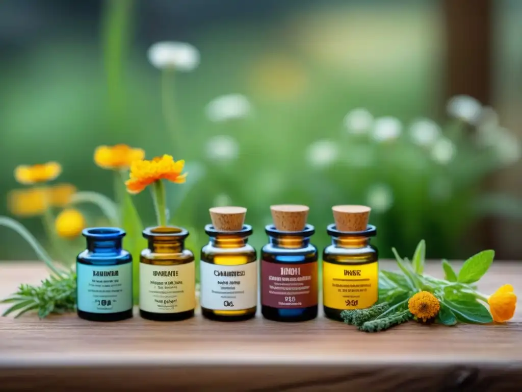 Remedios homeopáticos para roedores: detallada muestra en madera Detalles de homeopatía para roedores con vials, frascos y hierbas secas en superficie de madera