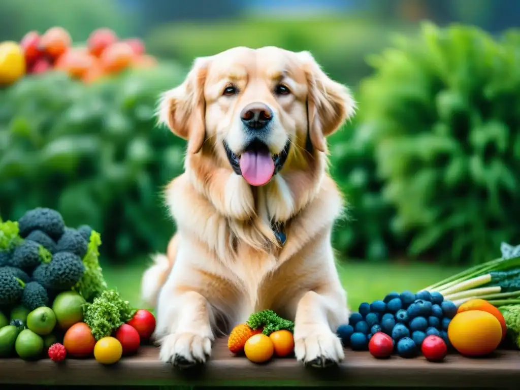 Retriever dorado feliz entre frutas y verduras en jardín verde Un dorado retriever feliz rodeado de frutas y verduras en un jardín verde, mostrando los beneficios de la nutrición ortomolecular para mascotas