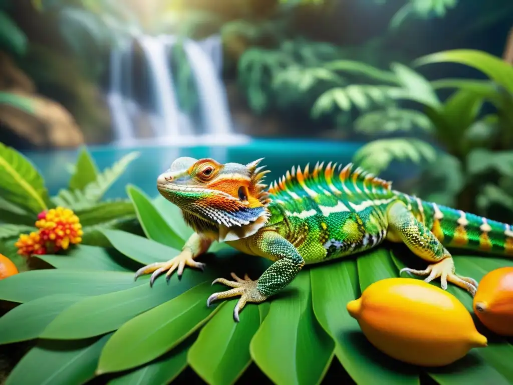 Bearded dragon en paraíso tropical: sabiduría y color Un dragón barbudo majestuoso se encuentra en un exuberante bosque tropical, rodeado de alimentos premium en una escena de tranquilidad y serenidad