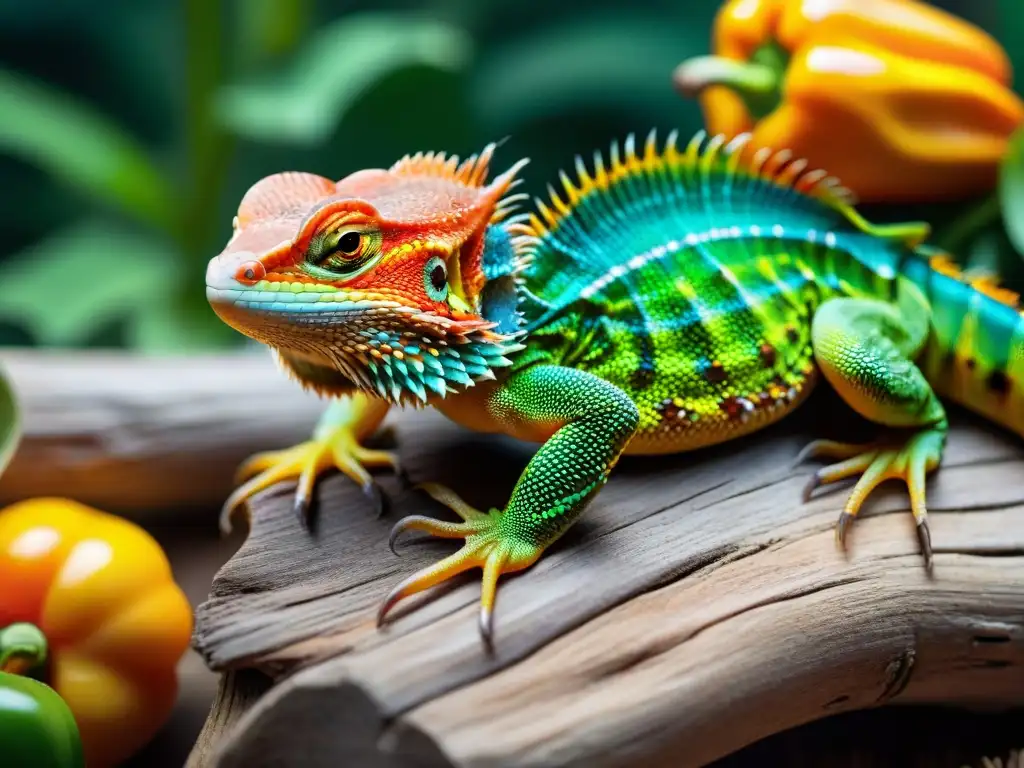 Imagen detallada de dragón barbudo junto a comida premium Un dragón barbudo majestuoso sobre madera rodeado de alimentos premium