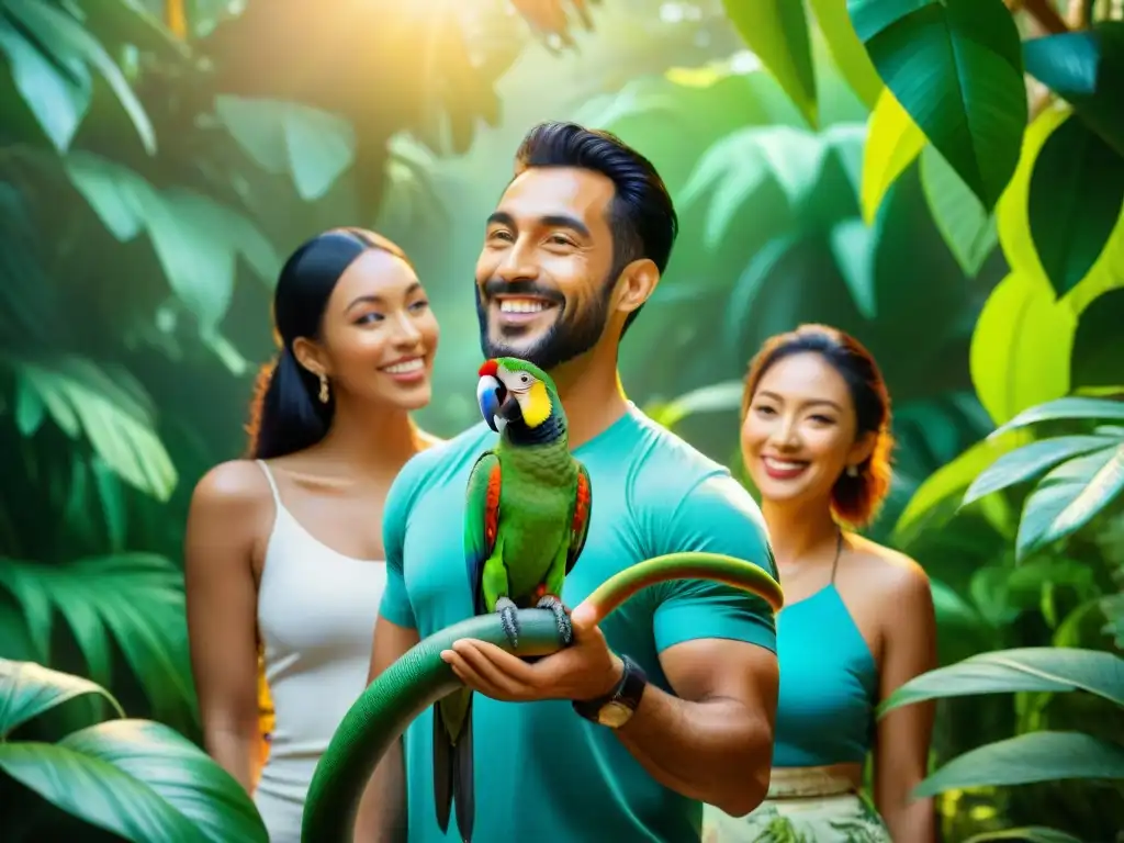 Propietarios felices de mascotas exóticas en jardín tropical Dueños felices de mascotas exóticas en jardín tropical con sus coloridas mascotas