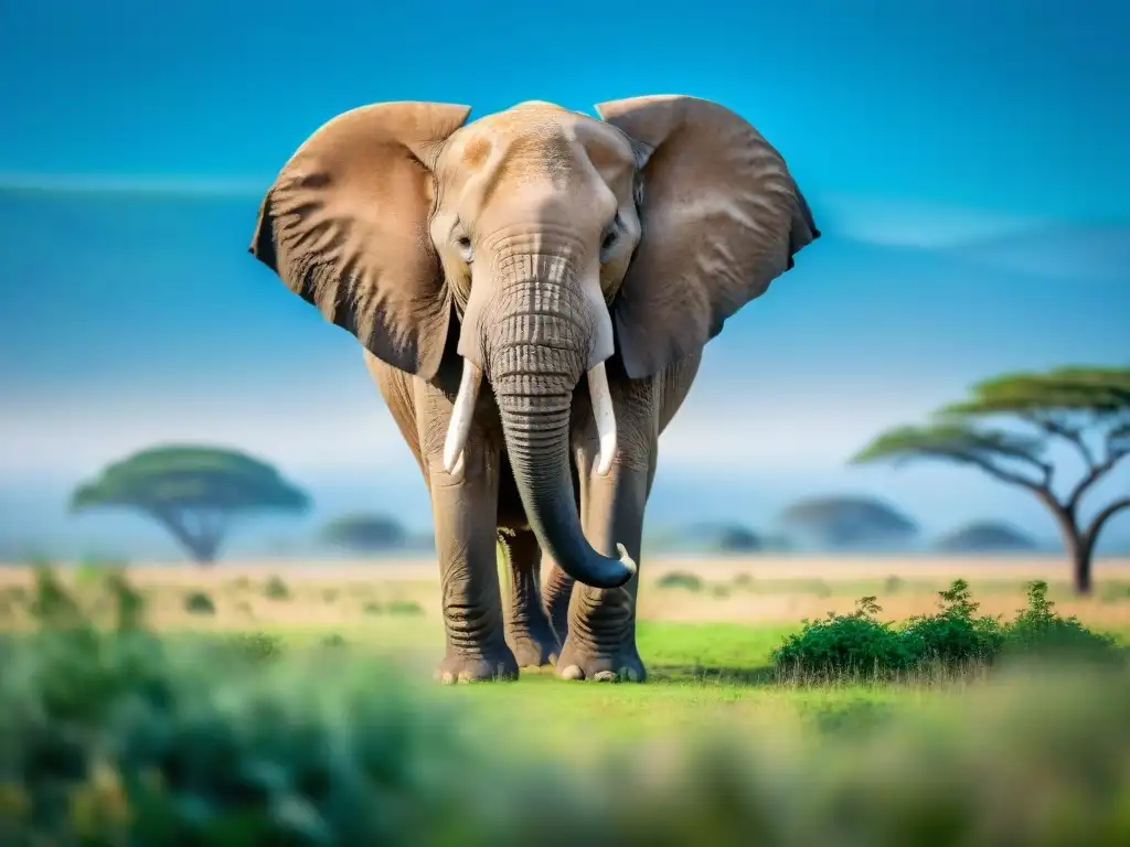 Elefante africano majestuoso en la sabana verde Un elefante africano majestuoso en la sabana, con trompa alzada y orejas desplegadas