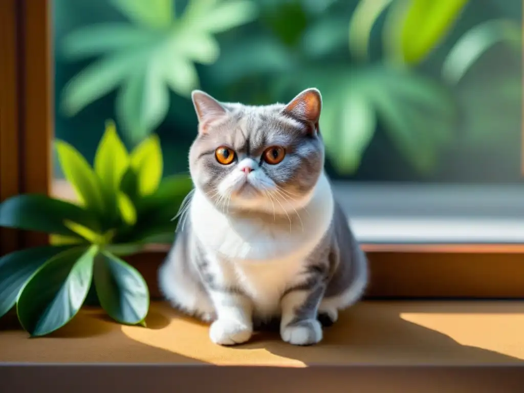 Exótico gato de pelo corto descansando en ventana soleada Elegante gato exótico descansando en el alféizar soleado, su pelaje de plata y negro brillando, cuidado piel pelaje felinos exóticos