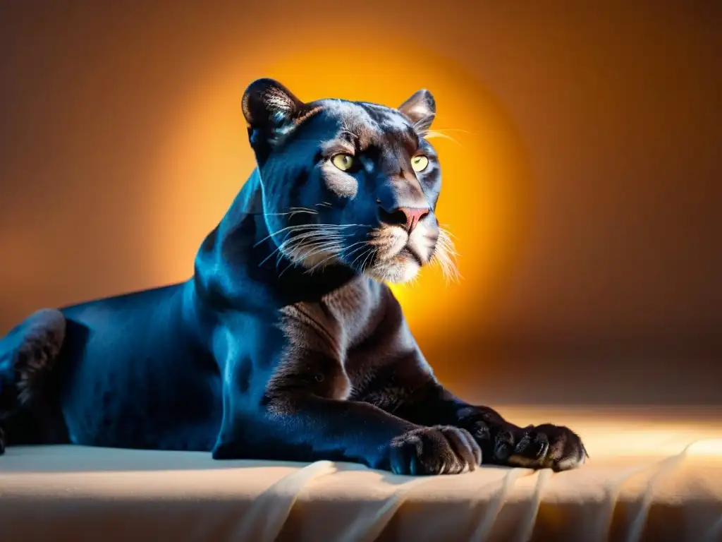Pantera majestuosa en estudio profesional Un elegante y majestuoso leopardo posando en un estudio profesional, su pelaje brillante bajo la cálida luz