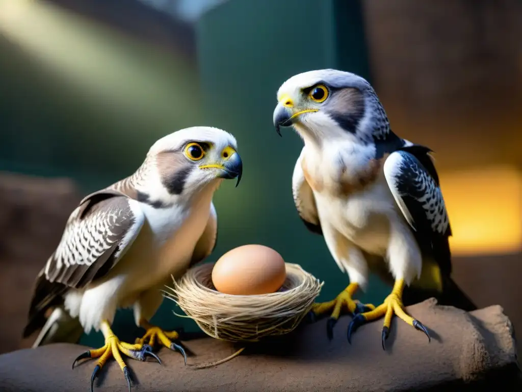 Trasfondo emotivo: raptors en cautiverio incuban un huevo Emotiva imagen de reproducción de rapaces nocturnas en cautiverio