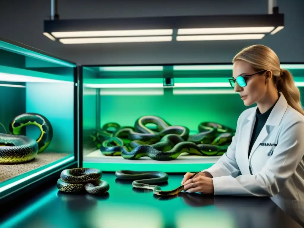 Estudio avanzado del veneno de serpientes tropicales en laboratorio Un equipo de investigadores estudia la composición del veneno de una serpiente tropical, rodeados de tecnología avanzada