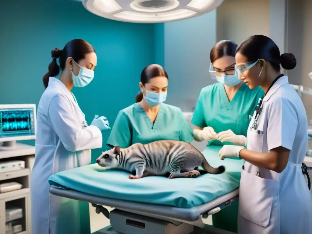 Equipo veterinario asistiendo en el parto de una mascota exótica con dedicación y precisión en quirófano estéril y luminoso