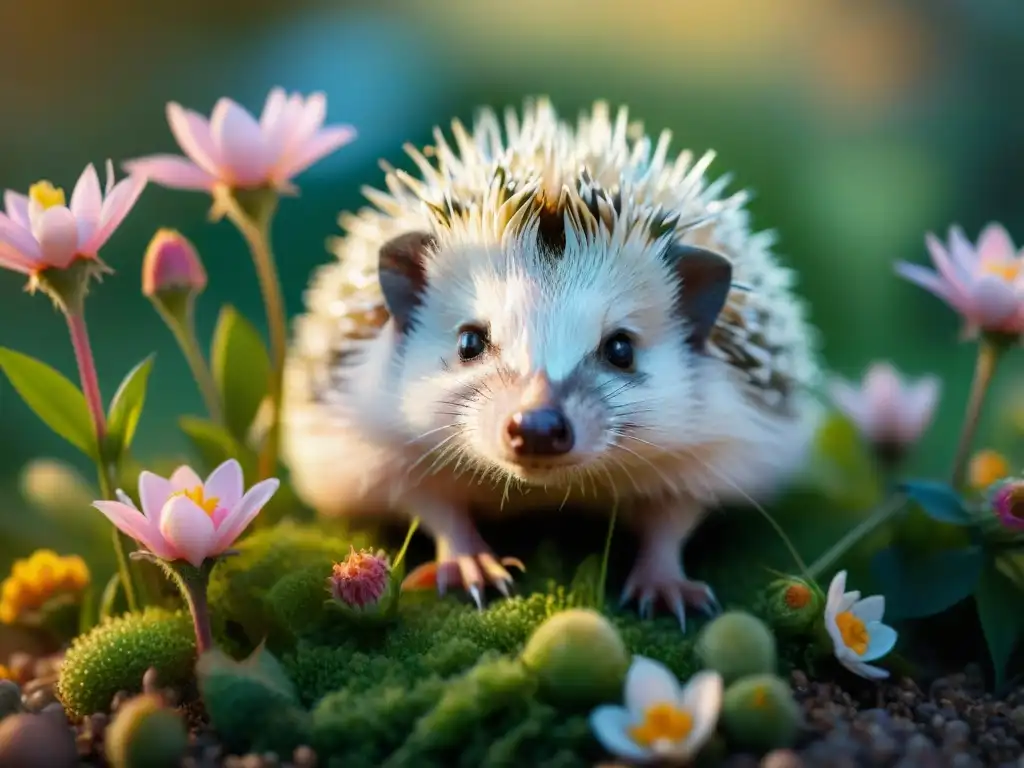 Hedgehog albino en jardín de flores exóticas Erizo albino raro entre flores exóticas, quillas brillantes y ojos rosados curiosos