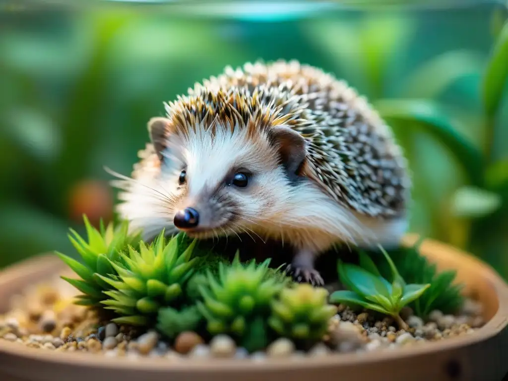 Hedgehog explorando un terrario vibrante lleno de enriquecimiento Un erizo explorando feliz un terrario con muchos juguetes y escondites