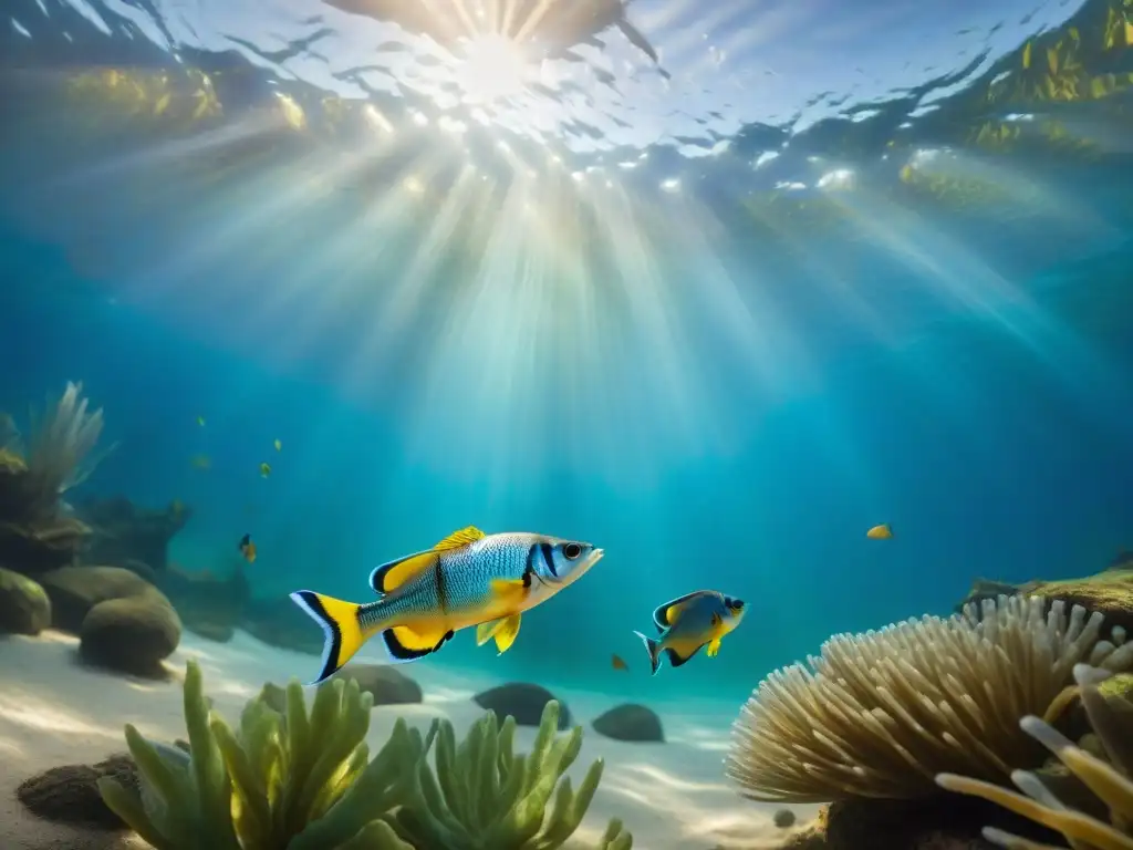 Encantador cortejo de peces exóticos en hábitat natural Una escena acuática detallada con peces exóticos de agua dulce en un ritual de reproducción