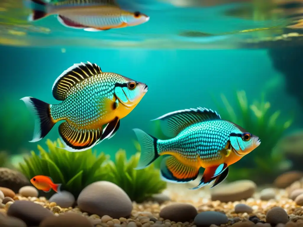 Baile de cortejo: Exóticos peces de agua dulce en un acuario vibrante Una escena acuática cautivadora de reproducción de peces exóticos en agua dulce