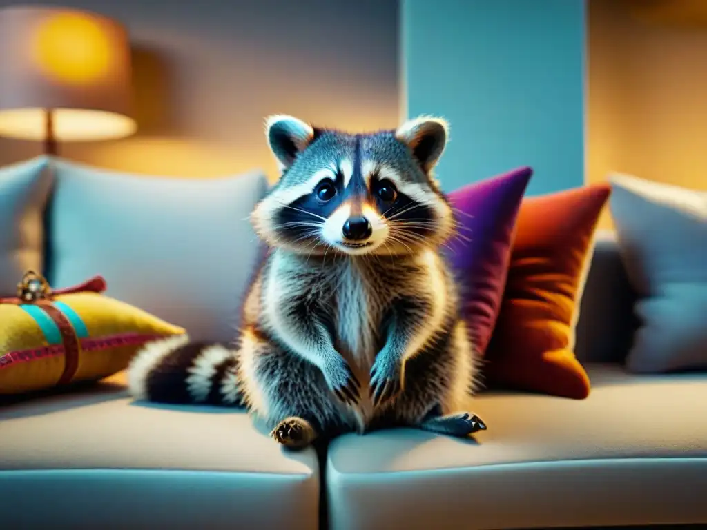 Una escena cálida y tierna: persona y mapache mascota exótica en el sofá