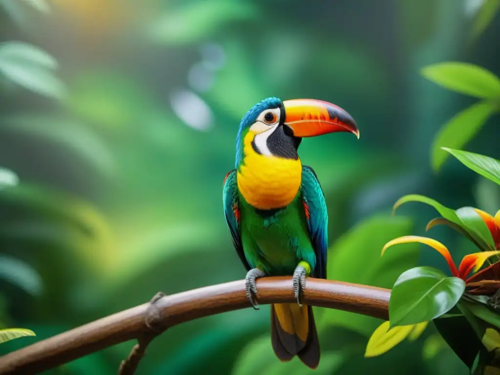 Exóticas mascotas en la selva: detallado y vibrante mundo animal Una escena cautivadora de mascotas exóticas en la jungla, resaltando la belleza y diversidad