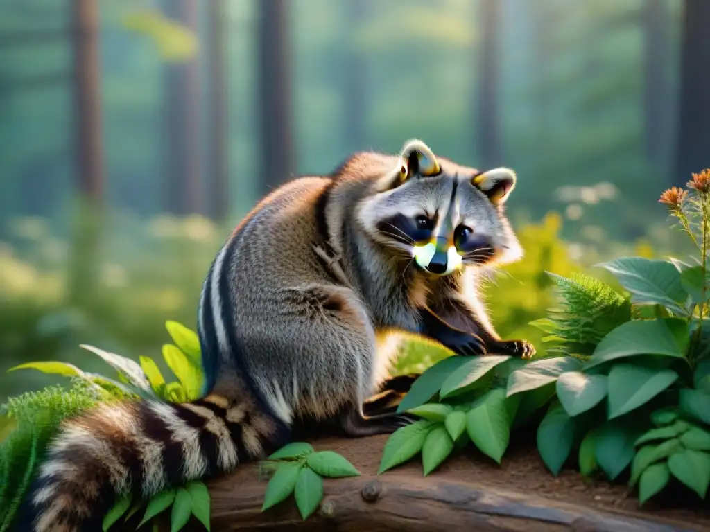 Un escena conmovedora en el bosque: un mapache cariñoso y un humano compasivo conectando en amor