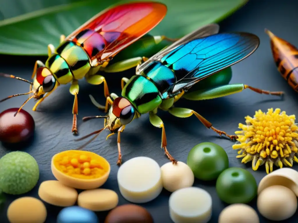 Exótica nutrición: insectos vibrantes y detallados en festín Una escena detallada de alimentación de insectos exóticos con colores vibrantes y texturas intrincadas