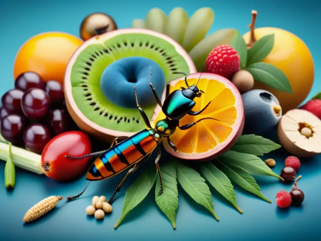 Exóticos insectos disfrutando de una festín colorido y detallado Una escena detallada de alimentación de insectos exóticos con frutas, verduras y granos vibrantes